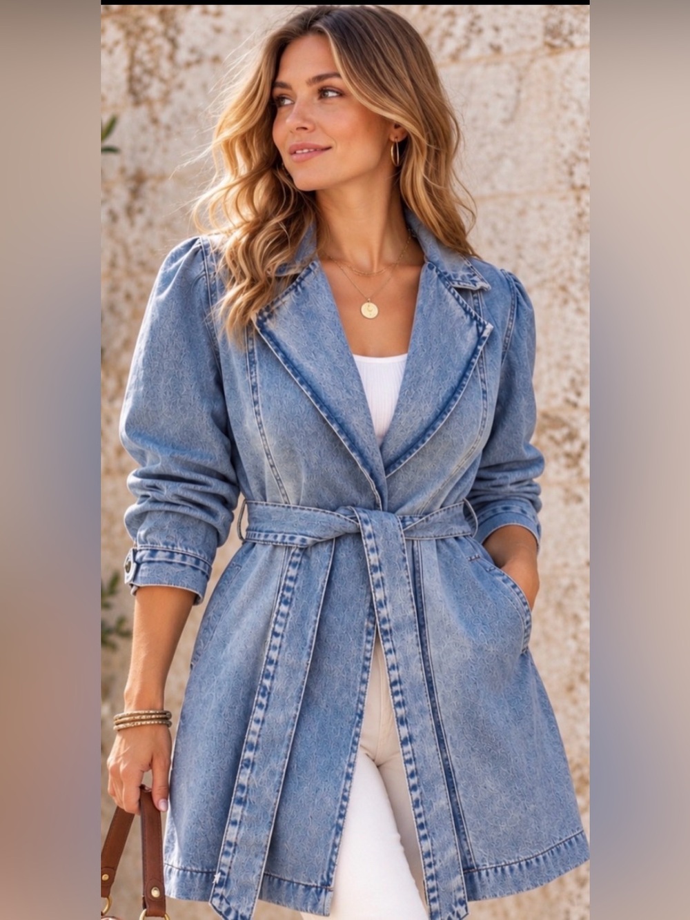 Twelve by OnTwelfth Denim Wrap Coat w Subtle Puffed Sleeve, Pockets & Tie Belt S